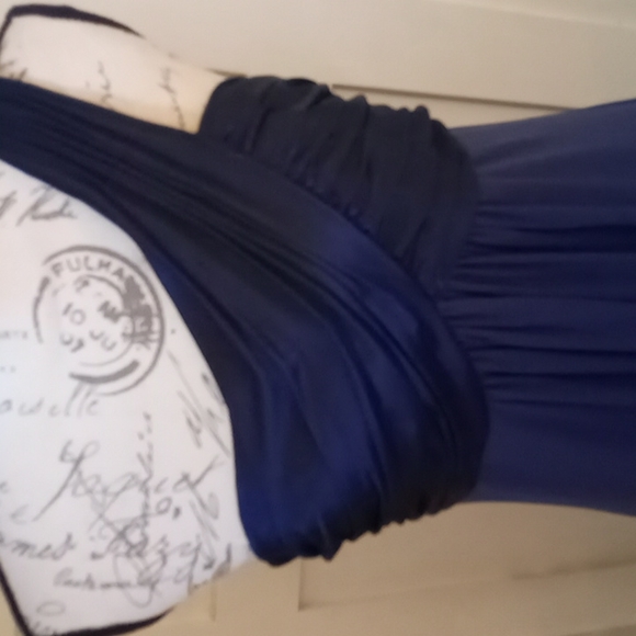 Formal David's Bridal Navy One Shoulder Long Jersey Dress With Cascade Back Sz 8 - Picture 4 of 11